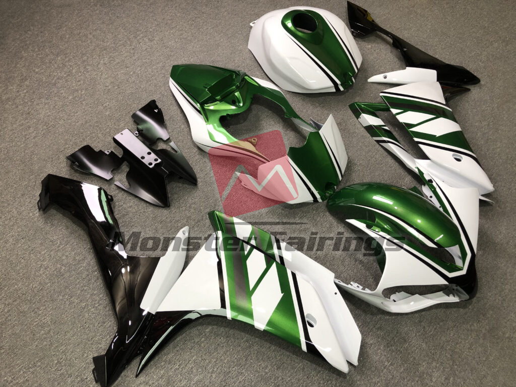 2007 - 2008 Yamaha R1 Gloss White & Green Black fairing set - ABS injection, custom painted by Monster Fairings