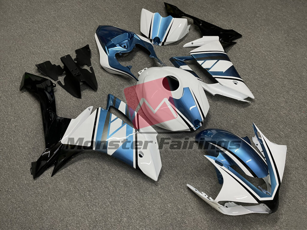 2007 - 2008 Yamaha R1 Gloss White & Light Blue Black fairing set - ABS injection, custom painted by Monster Fairings