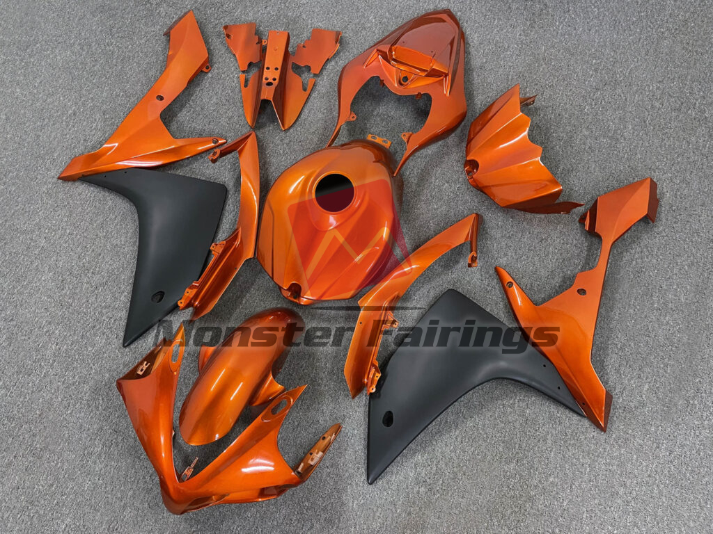 Yamaha R1 custom ABS fairings 2007 - 2008 in Gloss Orange & Matte Black - durable replacement kit, Monster Fairings