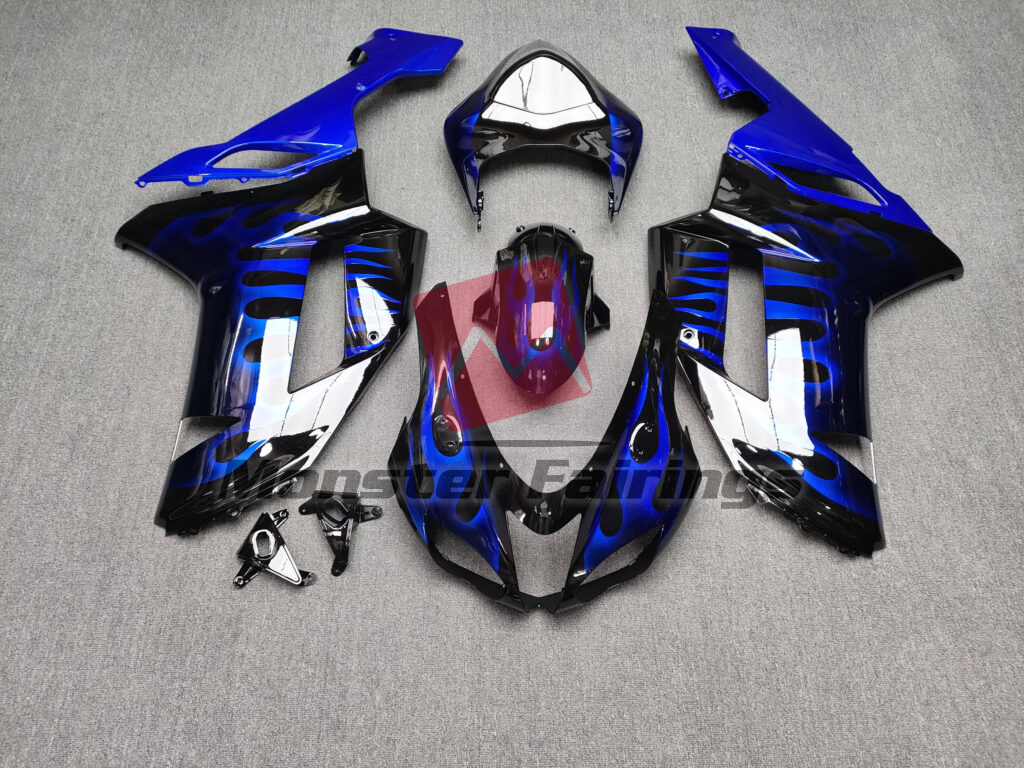Kawasaki ZX6R 2007 - 2008 Gloss Black & Blue with Flames ABS fairings - custom motorcycle bodywork kit by Monster Fairings