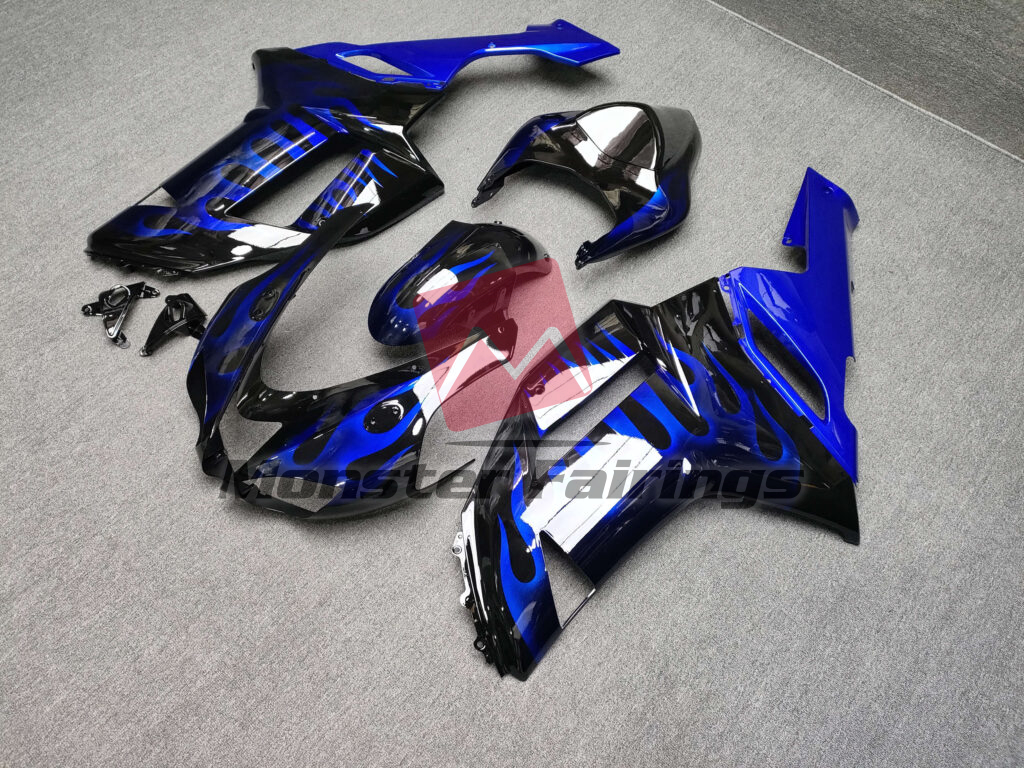 Gloss Black & Blue with Flames ABS fairings for Kawasaki ZX6R 2007 - 2008 - premium OEM fit kit by Monster Fairings