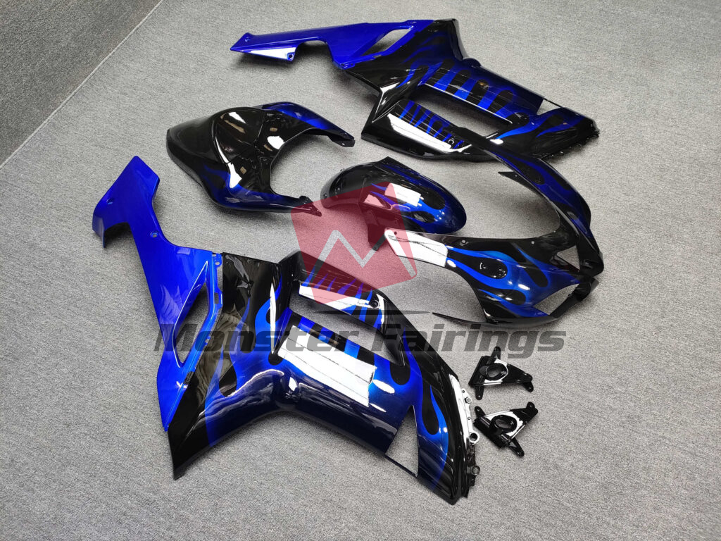 Kawasaki ZX6R custom ABS fairings 2007 - 2008 in Gloss Black & Blue with Flames - durable replacement kit, Monster Fairings