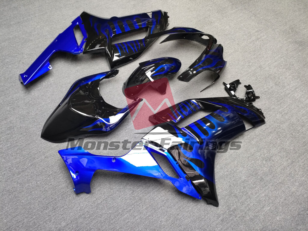 2007 - 2008 Kawasaki ZX6R Gloss Black & Blue with Flames fairing set - ABS injection, custom painted by Monster Fairings