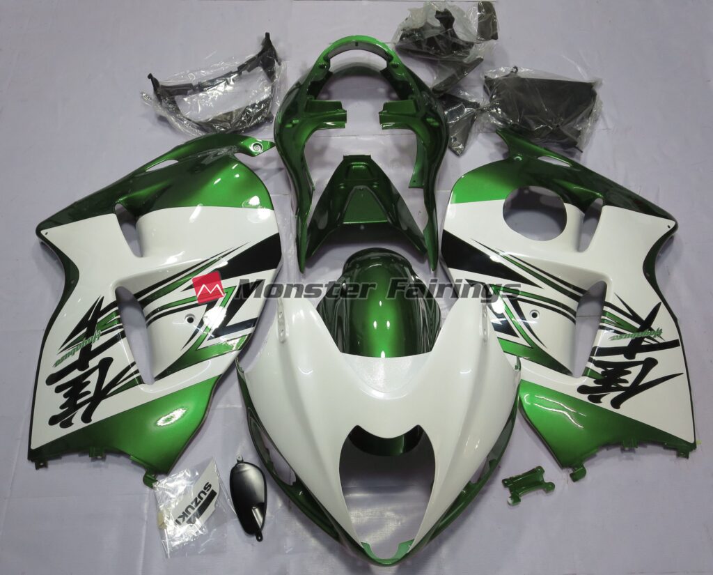 Suzuki GSXR 1300 1997 - 2007 Gloss White & Green Black ABS fairings - custom motorcycle bodywork kit by Monster Fairings