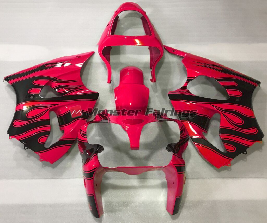 Kawasaki ZX6R 2000 - 2002 Gloss Red Black Flame ABS fairings - custom motorcycle bodywork kit by Monster Fairings