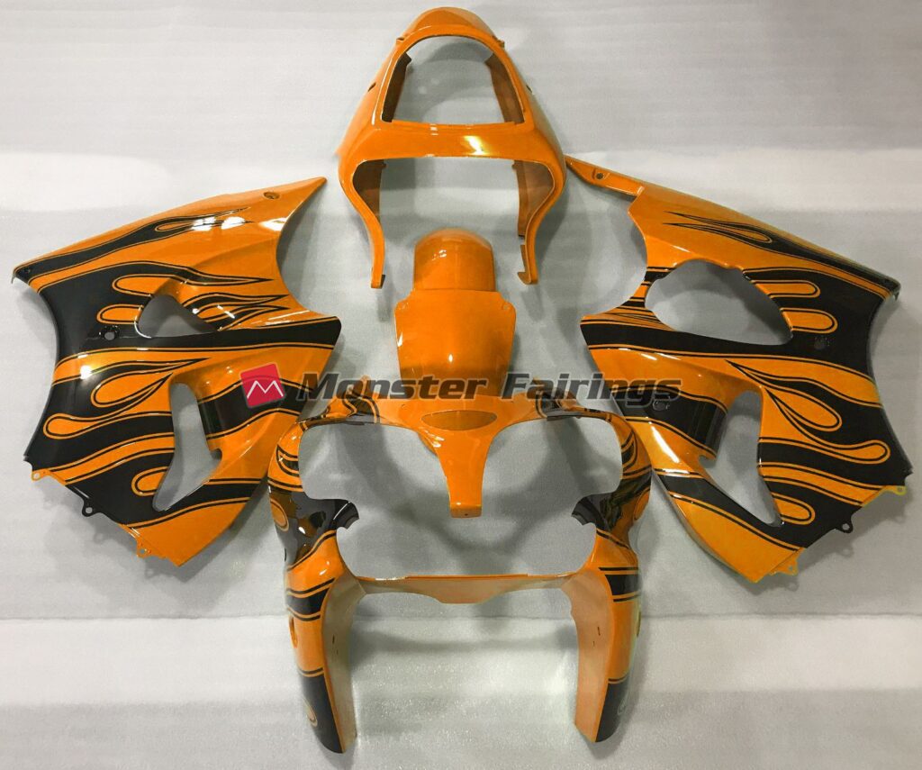 Kawasaki ZX6R 2000 - 2002 Gloss Orange Black Flame ABS fairings - custom motorcycle bodywork kit by Monster Fairings