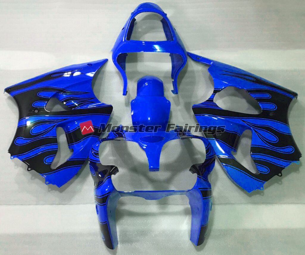 Kawasaki ZX6R 2000 - 2002 Gloss Blue Black Flame ABS fairings - custom motorcycle bodywork kit by Monster Fairings