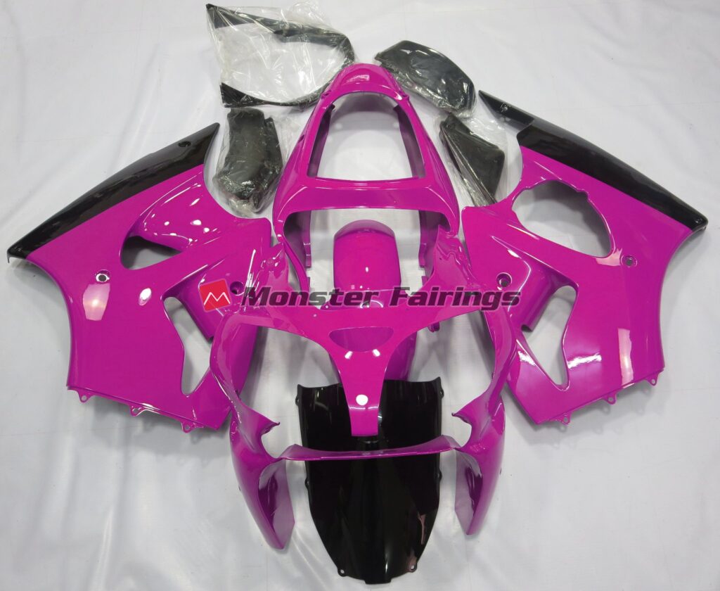 Kawasaki ZX6R 2000 - 2002 Gloss Pink Black ABS fairings - custom motorcycle bodywork kit by Monster Fairings