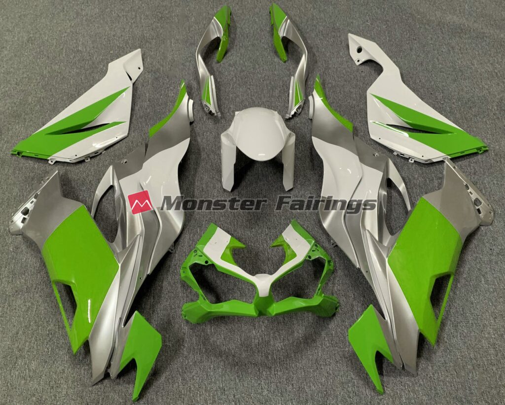 Kawasaki ZX6R 2019 - 2023 Green White Silver ABS fairings - custom motorcycle bodywork kit by Monster Fairings