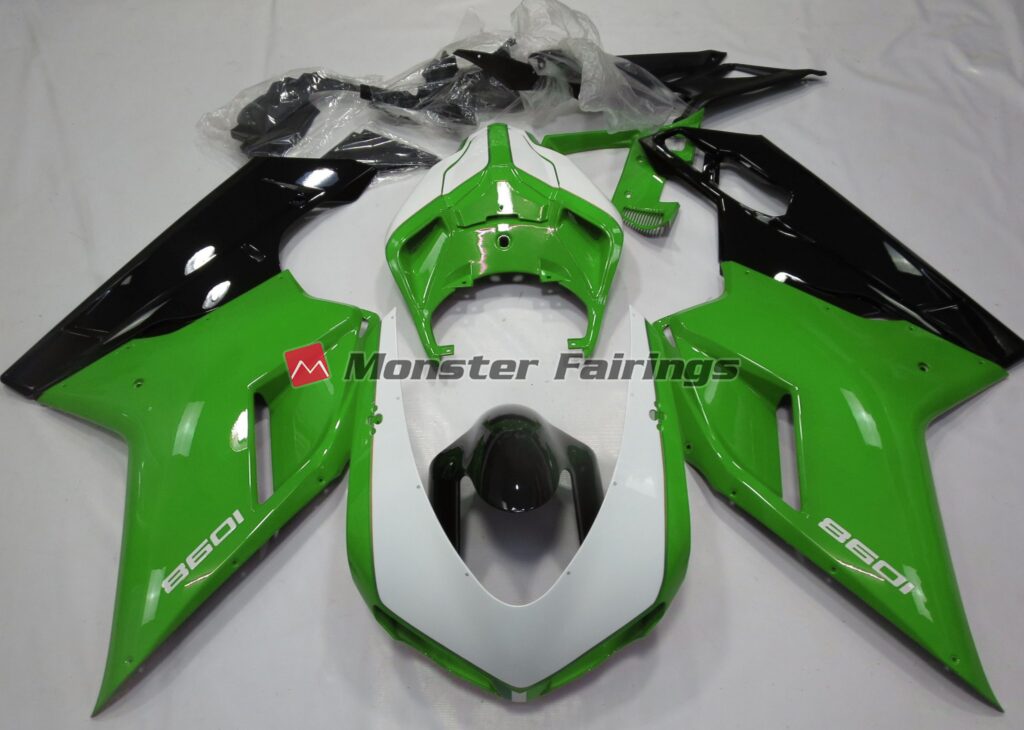 Ducati 848 1098 1198 2007 - 2012 Gloss Green White ABS fairings - custom motorcycle bodywork kit by Monster Fairings