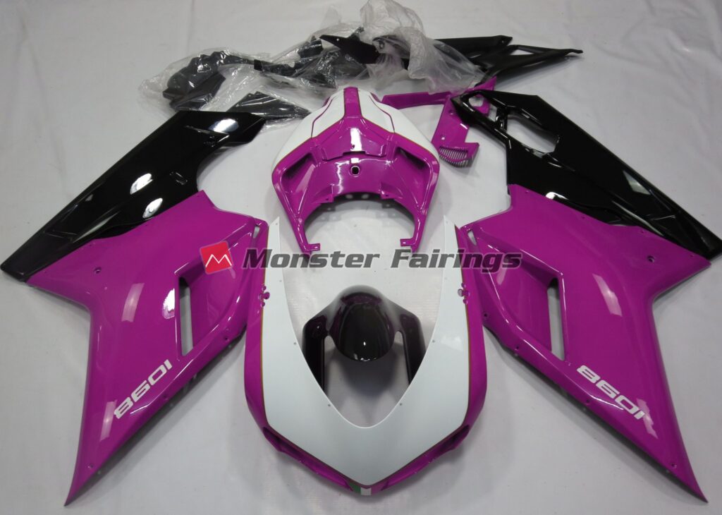 Ducati 848 1098 1198 2007 - 2012 Gloss Pink White ABS fairings - custom motorcycle bodywork kit by Monster Fairings