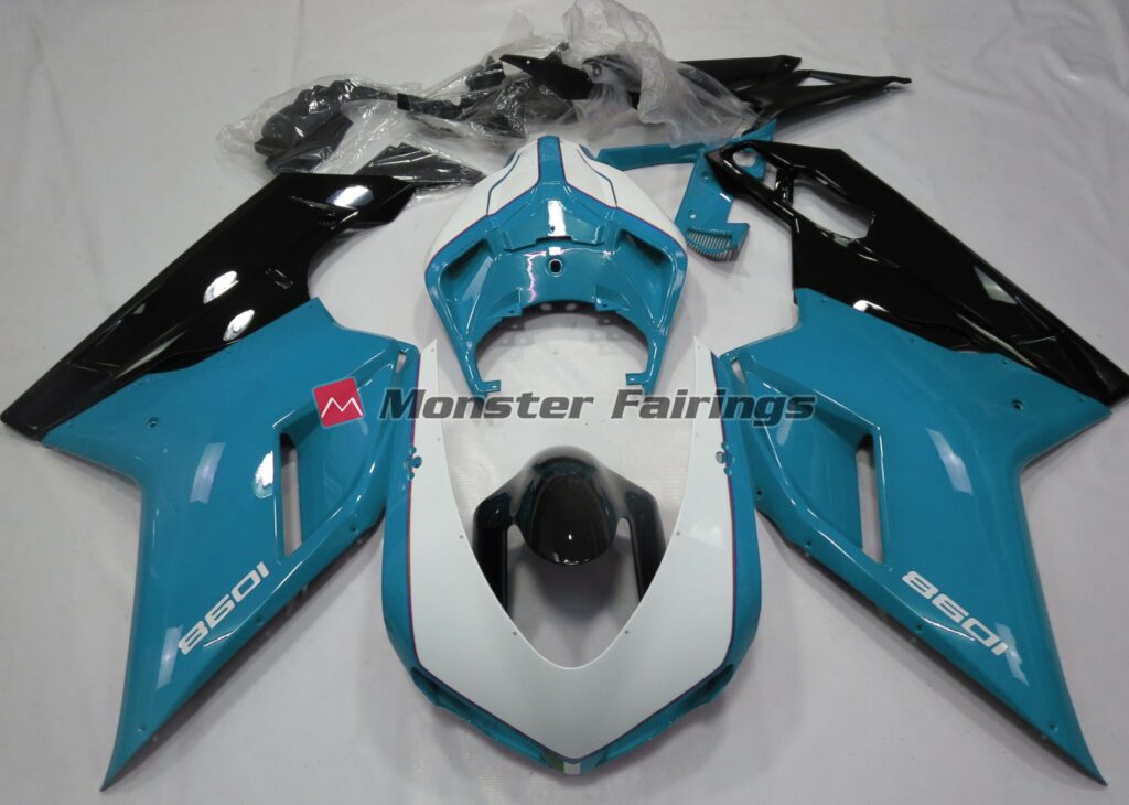 Ducati 848 1098 1198 2007 - 2012 Gloss Light Blue White ABS fairings - custom motorcycle bodywork kit by Monster Fairings