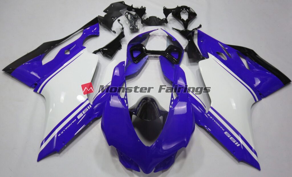 Ducati 1199 Gloss Blue White Black ABS fairings - custom motorcycle bodywork kit by Monster Fairings