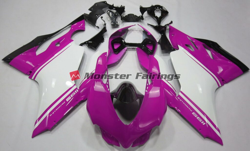 Ducati 1199 Gloss Pink White Black ABS fairings - custom motorcycle bodywork kit by Monster Fairings