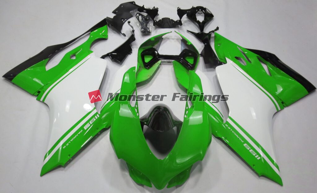 Ducati 1199 Gloss Green White Black ABS fairings - custom motorcycle bodywork kit by Monster Fairings