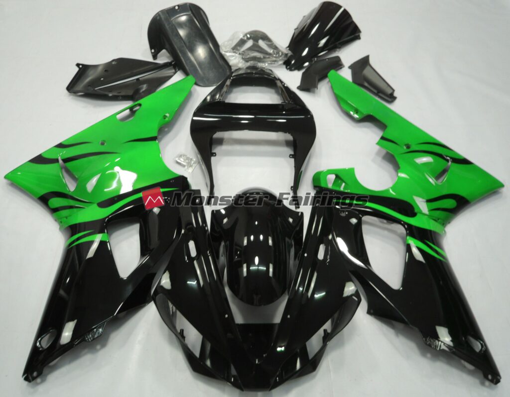 Yamaha R1 2000 - 2001 Black Flame Green ABS fairings - custom motorcycle bodywork kit by Monster Fairings