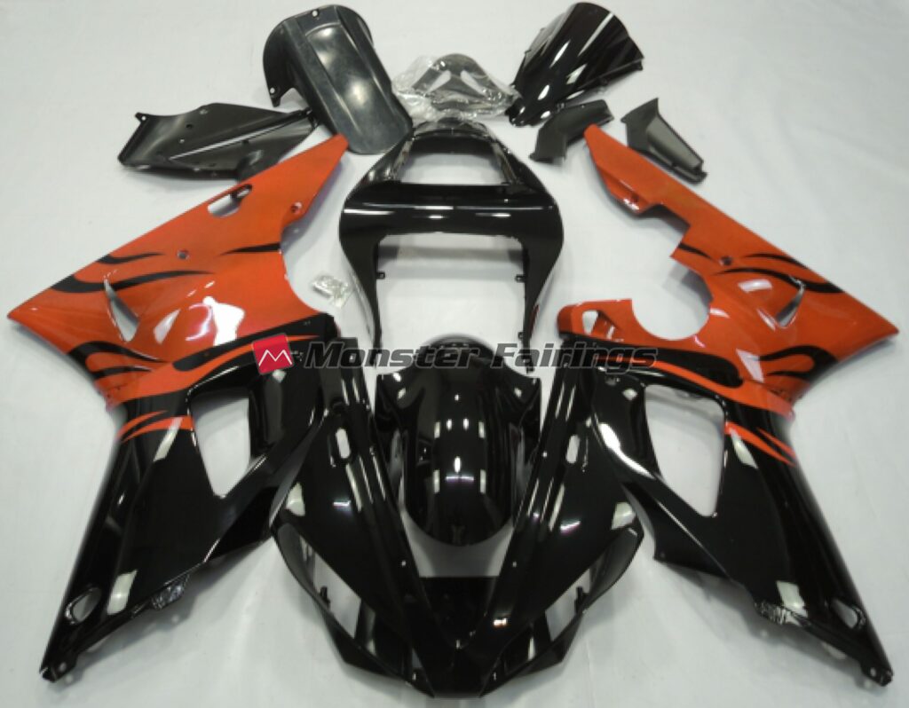Yamaha R1 2000 - 2001 Black Flame Orange ABS fairings - custom motorcycle bodywork kit by Monster Fairings