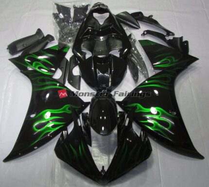 Yamaha R1 2009 - 2011 Black Green Flame ABS fairings - custom motorcycle bodywork kit by Monster Fairings