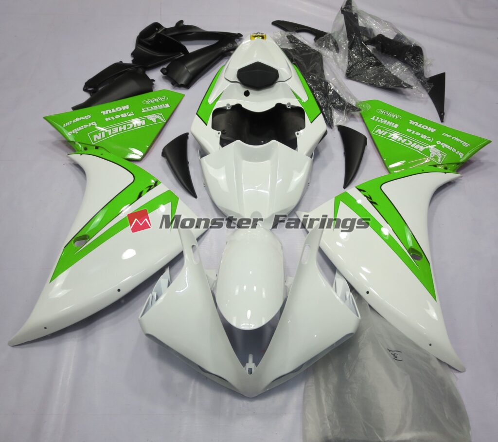 Yamaha R1 2012 - 2014 Gloss White Green ABS fairings - custom motorcycle bodywork kit by Monster Fairings