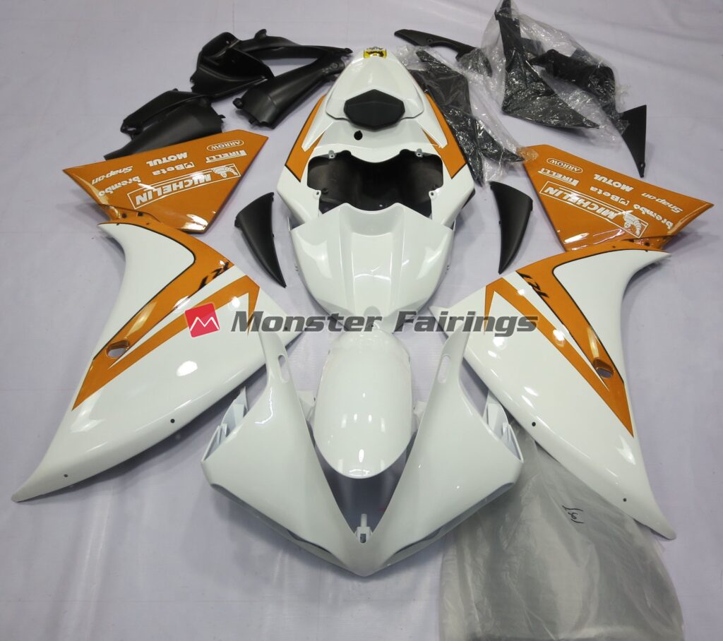Yamaha R1 2012 - 2014 Gloss White Orange ABS fairings - custom motorcycle bodywork kit by Monster Fairings
