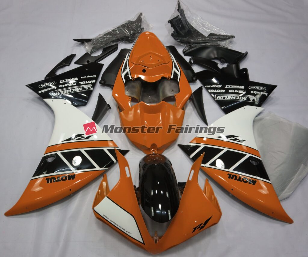 Yamaha R1 2012 - 2014 Gloss Orange White Black ABS fairings - custom motorcycle bodywork kit by Monster Fairings