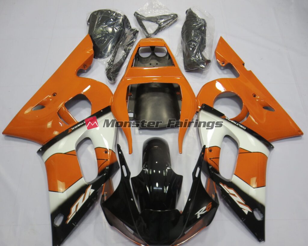 Yamaha R6 1998 - 2002 Orange White Black ABS fairings - custom motorcycle bodywork kit by Monster Fairings