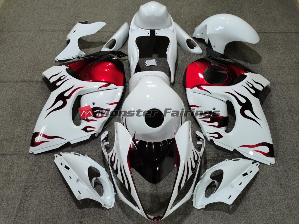 Suzuki GSXR 1300 2008 - 2020 Gloss White Red Flame ABS fairings - custom motorcycle bodywork kit by Monster Fairings
