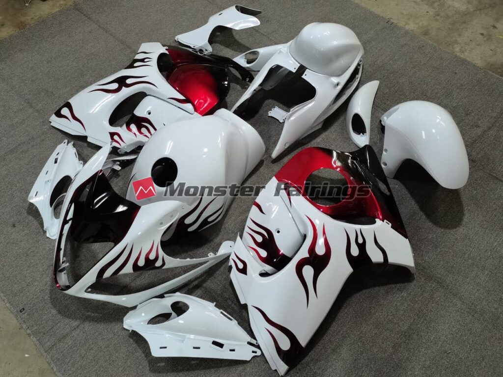 Gloss White Red Flame ABS fairings for Suzuki GSXR 1300 2008 - 2020 - premium OEM fit kit by Monster Fairings