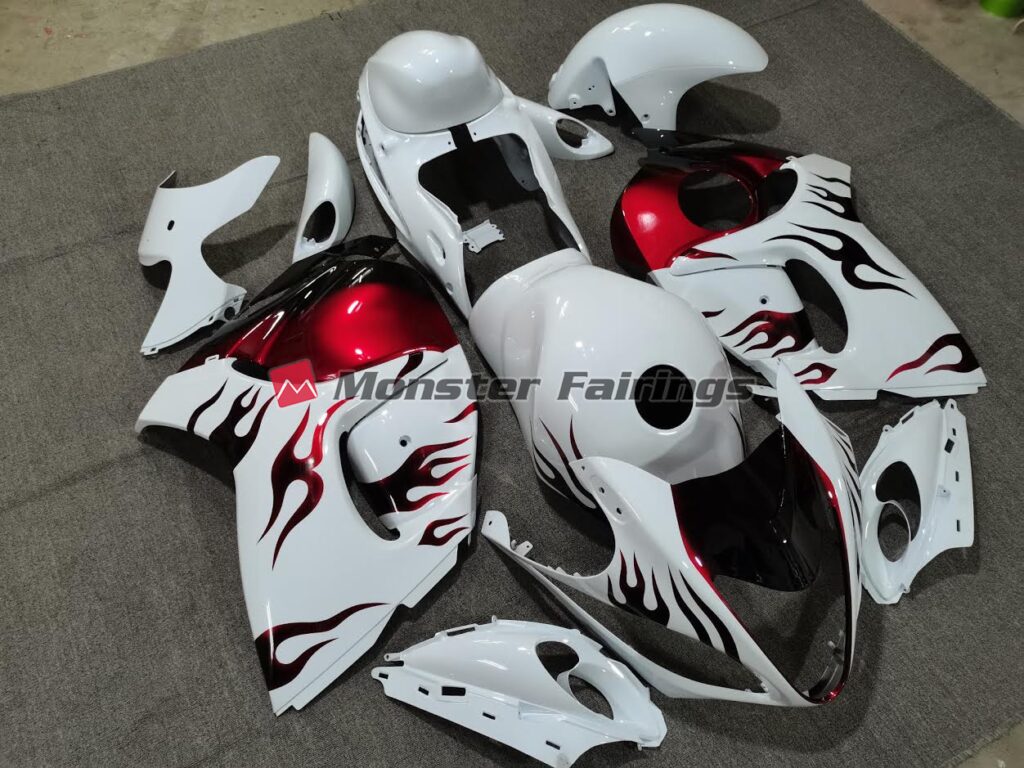 Suzuki GSXR 1300 custom ABS fairings 2008 - 2020 in Gloss White Red Flame - durable replacement kit, Monster Fairings