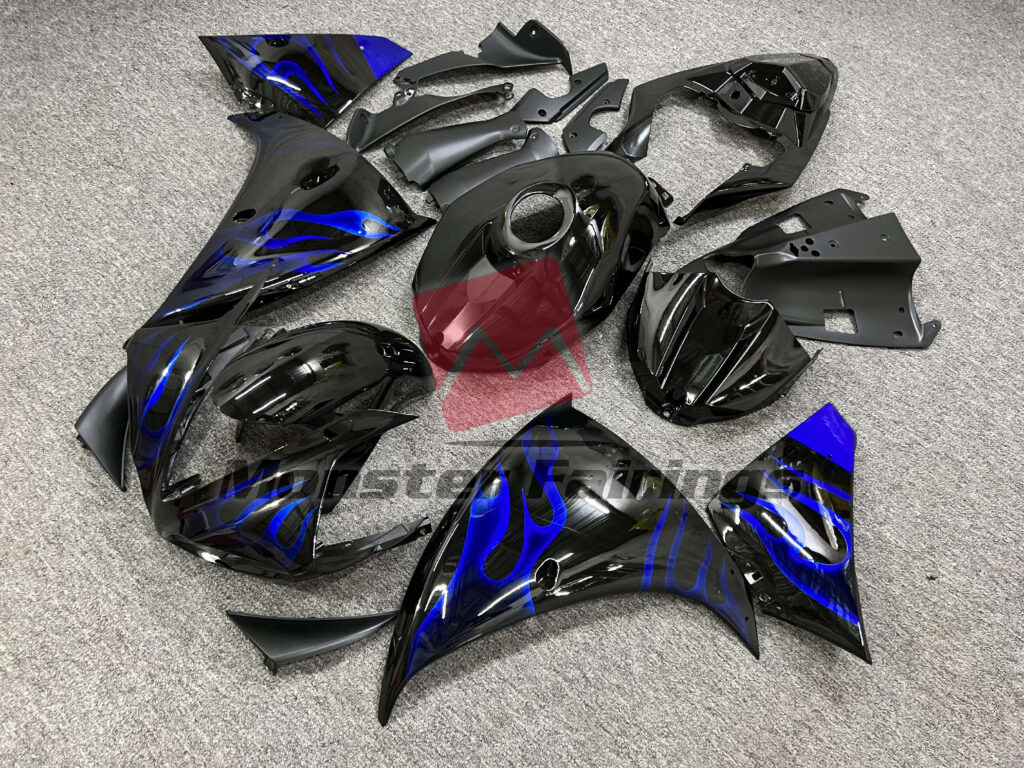 Yamaha R1 custom ABS fairings 2009 - 2011 in Gloss Black Blue Flames - durable replacement kit, Monster Fairings