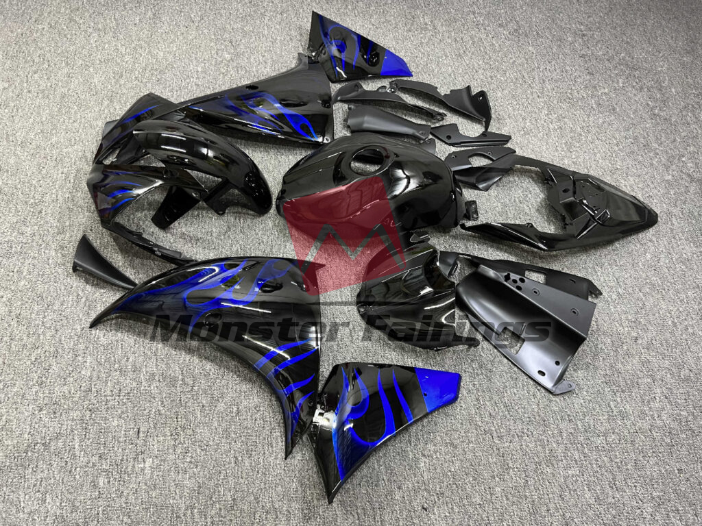 2009 - 2011 Yamaha R1 Gloss Black Blue Flames fairing set - ABS injection, custom painted by Monster Fairings