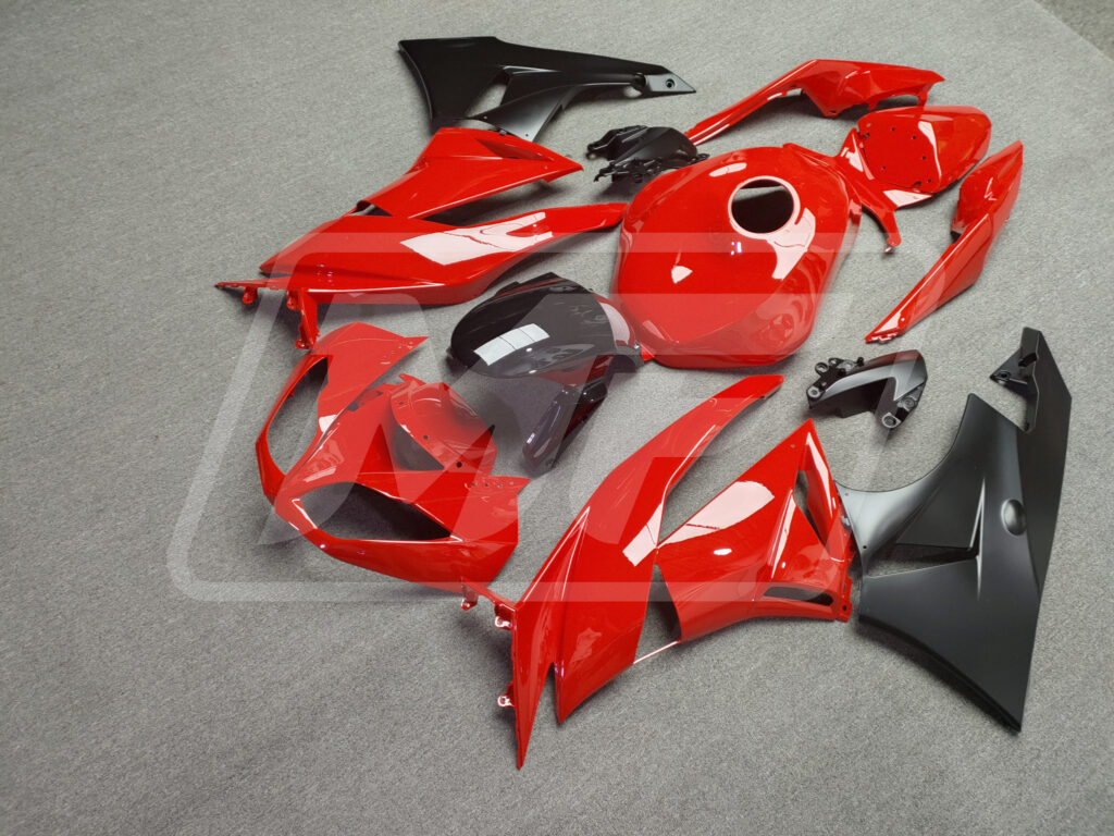 2009 - 2012 Kawasaki ZX6R Gloss Red Matte Black fairing set - ABS injection, custom painted by Monster Fairings