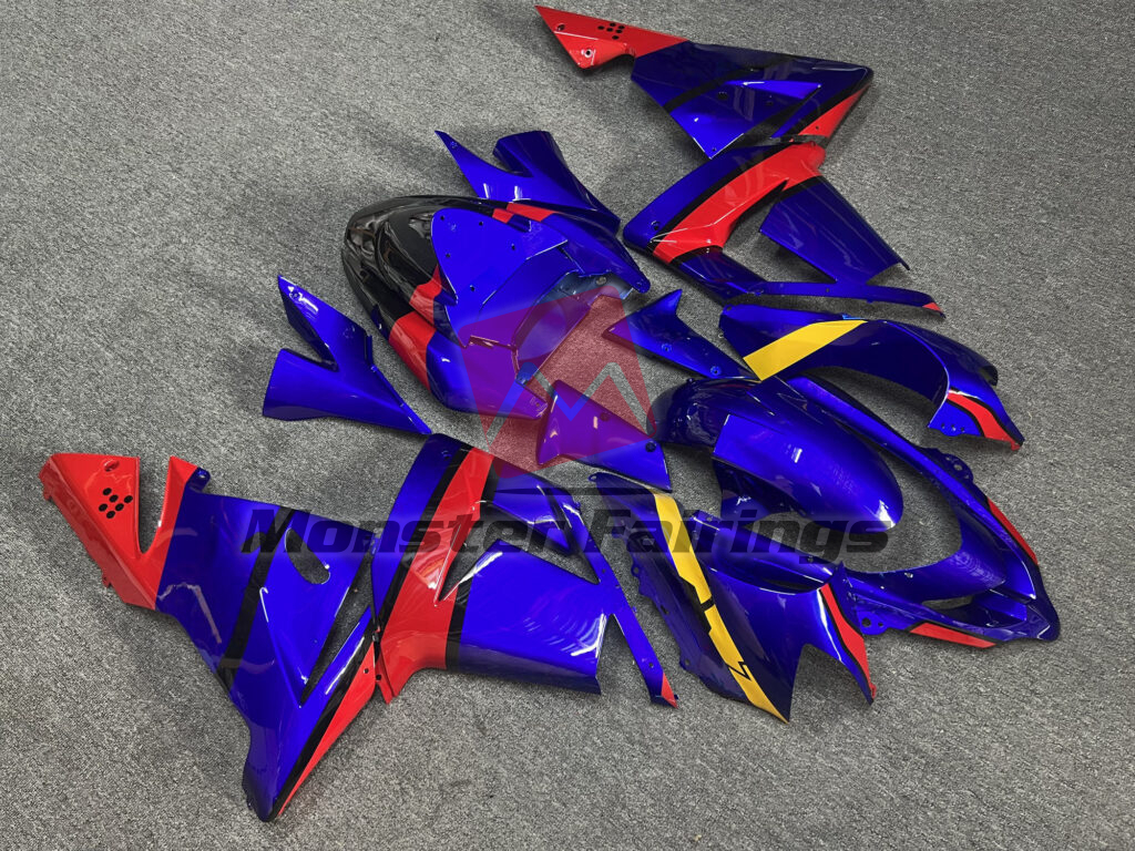 2004 - 2005 Kawasaki ZX10R Gloss Blue & Red Yellow fairing set - ABS injection, custom painted by Monster Fairings