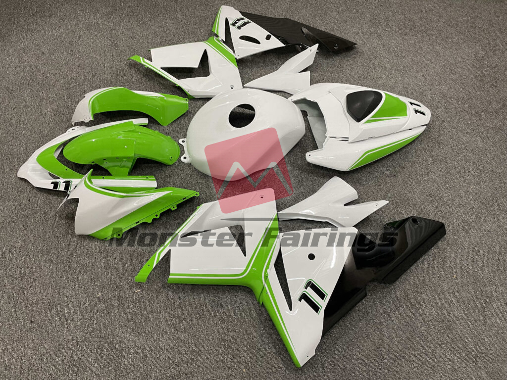 2004 - 2005 Kawasaki ZX10R Gloss White Green fairing set - ABS injection, custom painted by Monster Fairings