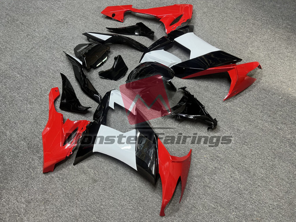 2008 - 2010 Kawasaki ZX10R Gloss Red Black & White fairing set - ABS injection, custom painted by Monster Fairings