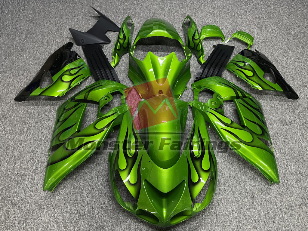 Kawasaki ZX14R 2006 - 2011 Gloss Green & Black Flames ABS fairings - custom motorcycle bodywork kit by Monster Fairings