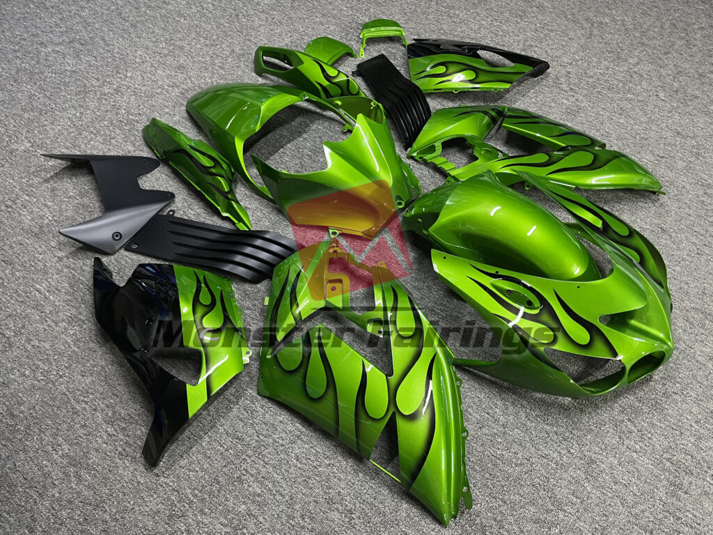 2006 - 2011 Kawasaki ZX14R Gloss Green & Black Flames fairing set - ABS injection, custom painted by Monster Fairings