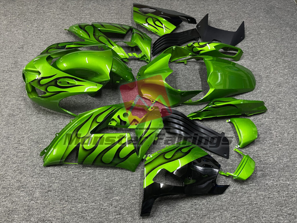 Kawasaki ZX14R custom ABS fairings 2006 - 2011 in Gloss Green & Black Flames - durable replacement kit, Monster Fairings