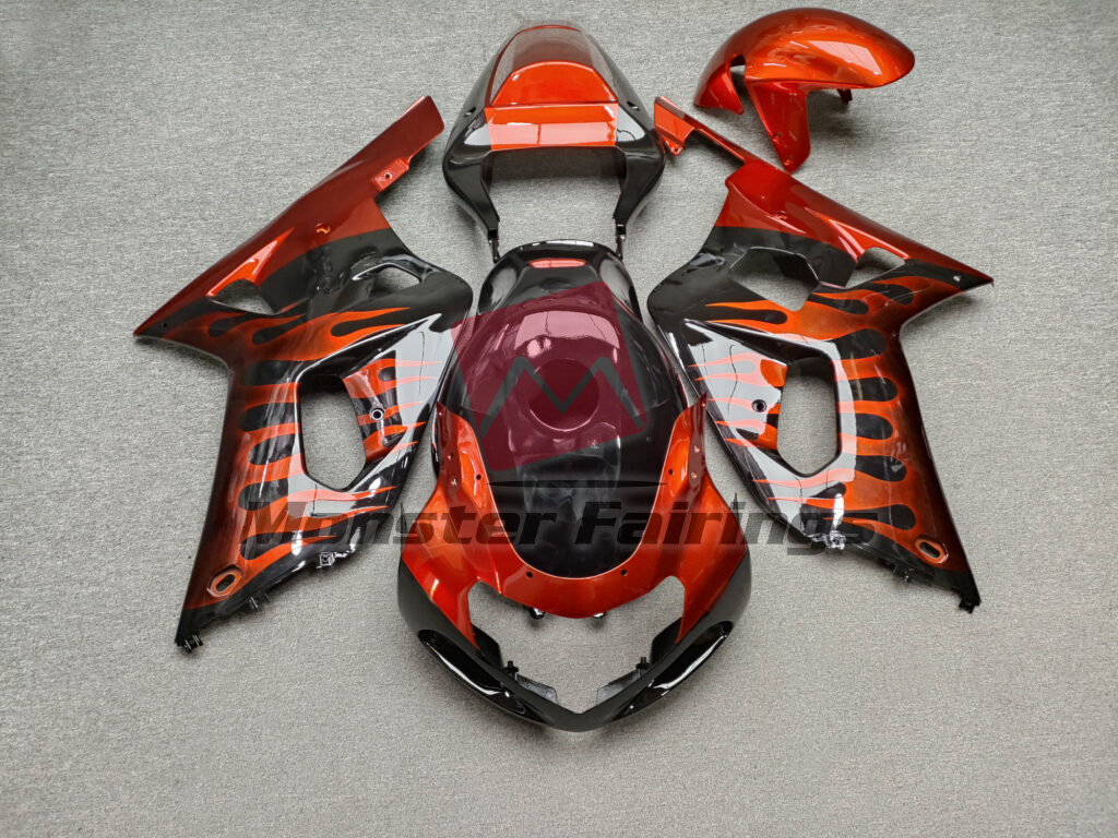 Suzuki GSXR 600 - 750 2001 - 2003 Gloss Black & Burnt Orange Flames ABS fairings - custom motorcycle bodywork kit by Monster Fairings