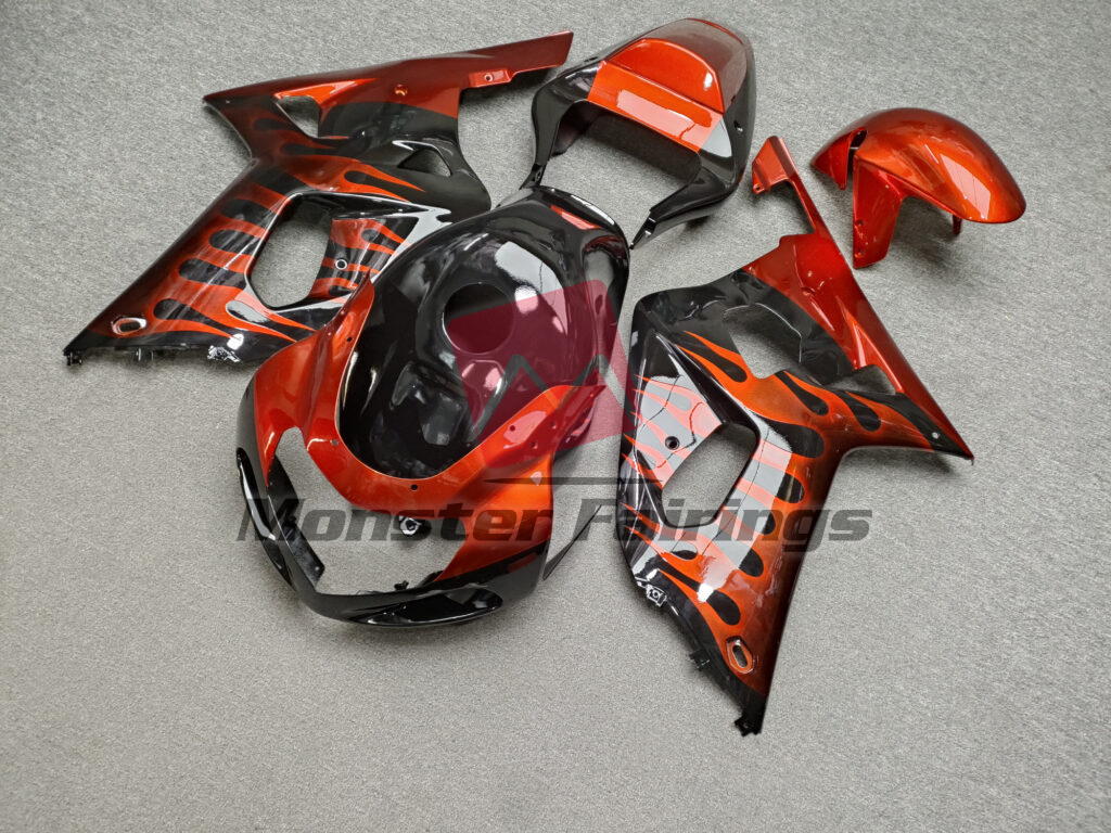 2001 - 2003 Suzuki GSXR Gloss Black & Burnt Orange Flames fairing set - ABS injection, custom painted by Monster Fairings
