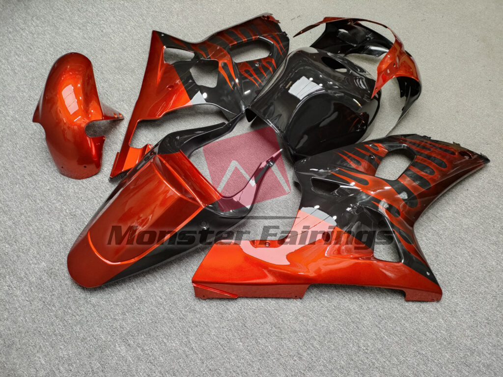 Gloss Black & Burnt Orange Flames ABS fairings for Suzuki GSXR 600 - 750 2001 - 2003 - premium OEM fit kit by Monster Fairings