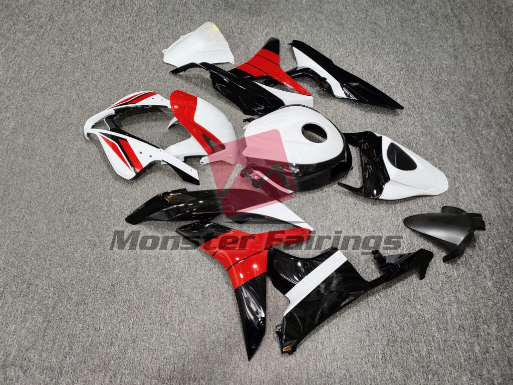 2007 - 2008 Honda CBR600RR Gloss Black & White Red fairing set - ABS injection, custom painted by Monster Fairings