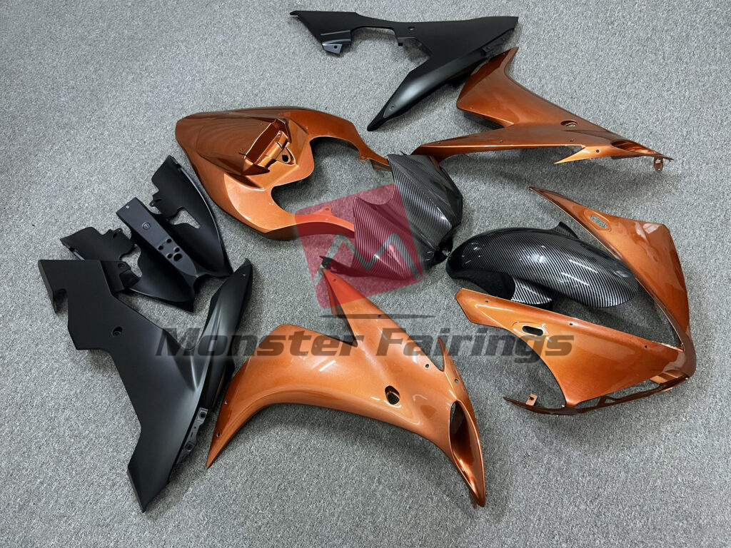 2004 - 2006 Yamaha R1 Gloss Orange Carbon Fiber Style & Matte Black fairing set - ABS injection, custom painted by Monster Fairings