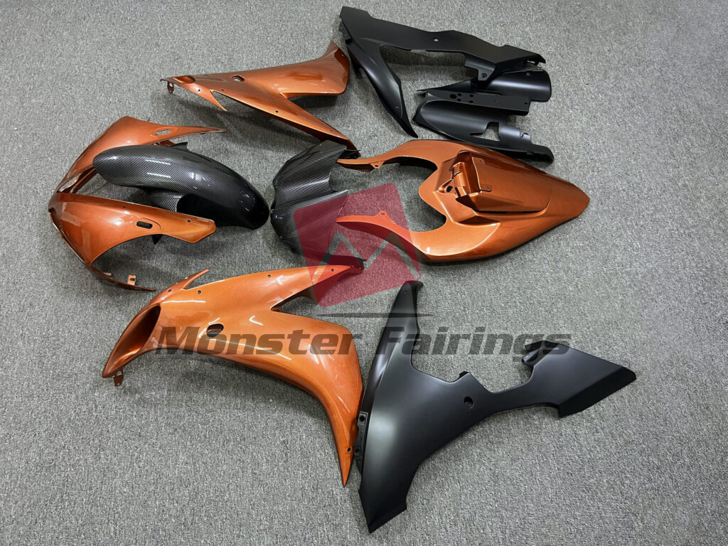 Yamaha R1 custom ABS fairings 2004 - 2006 in Gloss Orange Carbon Fiber Style & Matte Black - durable replacement kit, Monster Fairings