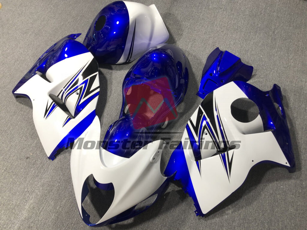 1997 - 2007 Suzuki GSXR 1300 Gloss White Blue fairing set - ABS injection, custom painted by Monster Fairings
