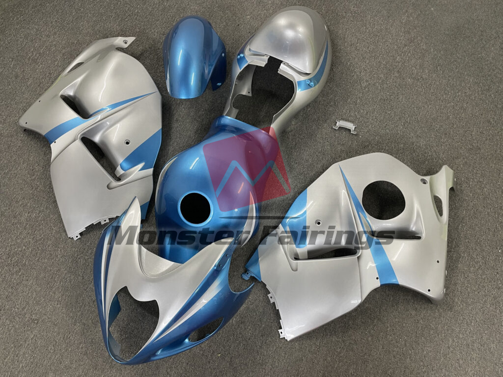 Suzuki GSXR 1300 custom ABS fairings 1997 - 2007 in Gloss Light Blue & Silver - durable replacement kit, Monster Fairings