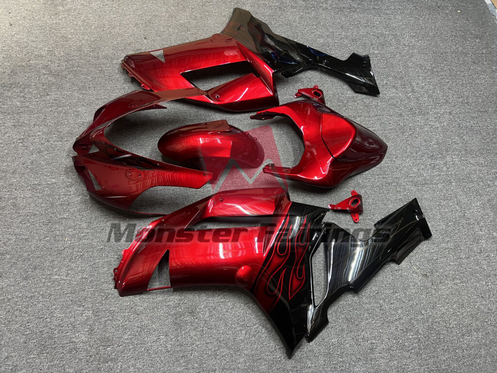 2007 - 2008 Kawasaki ZX6R Gloss Red Black fairing set - ABS injection, custom painted by Monster Fairings