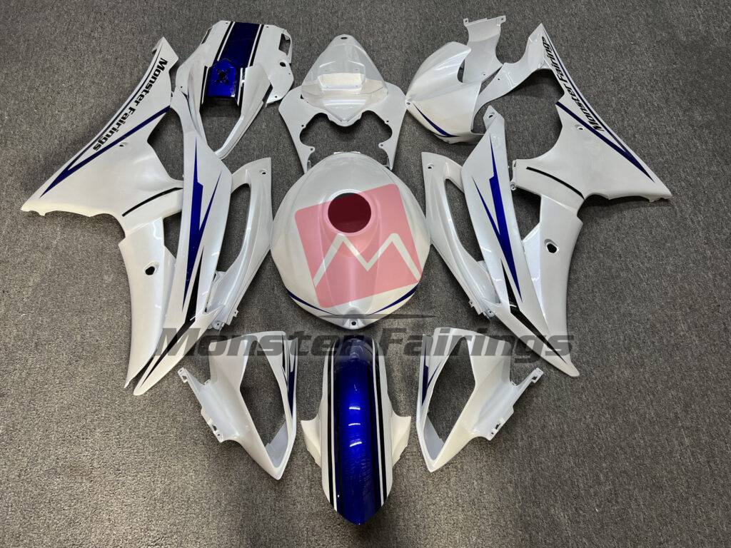 Yamaha R6 2008 - 2016 Gloss Pearl White & Blue ABS fairings - custom motorcycle bodywork kit by Monster Fairings