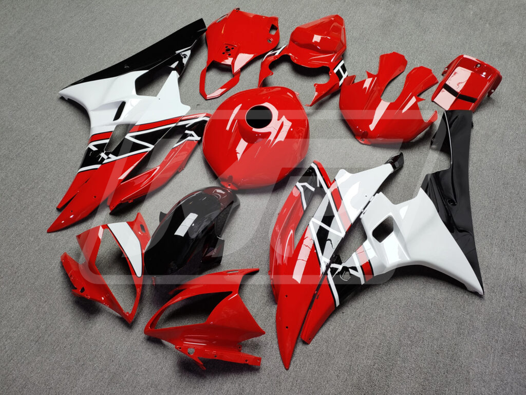 2006 - 2007 Yamaha R6 Gloss Red & Black White fairing set - ABS injection, custom painted by Monster Fairings