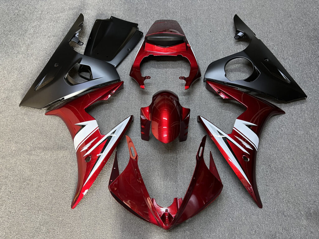Yamaha R6 2005 Gloss Red White ABS fairings - custom motorcycle bodywork kit by Monster Fairings